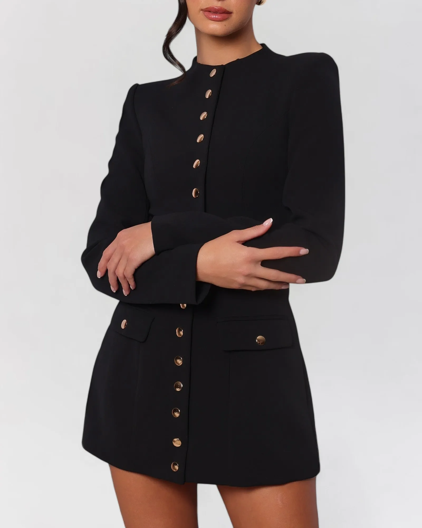 Black long sleeve gold button down blazer mini dress sold by Heiress Beverly Hills