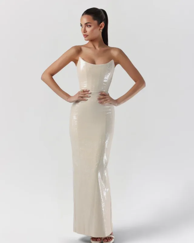 Nude strapless sequin corset maxi dress sold by Heiress Beverly Hills
