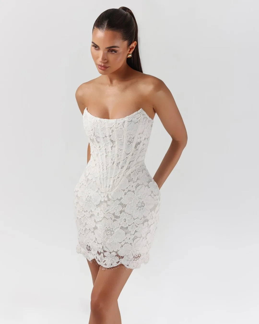 White strapless floral lace corset a-line mini dress sold by Heiress Beverly Hills product image thumbnail 3