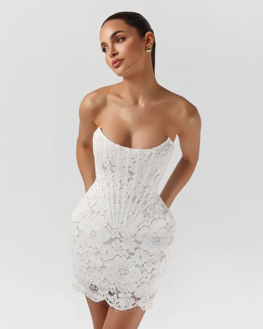 White strapless floral lace corset a-line mini dress sold by Heiress Beverly Hills