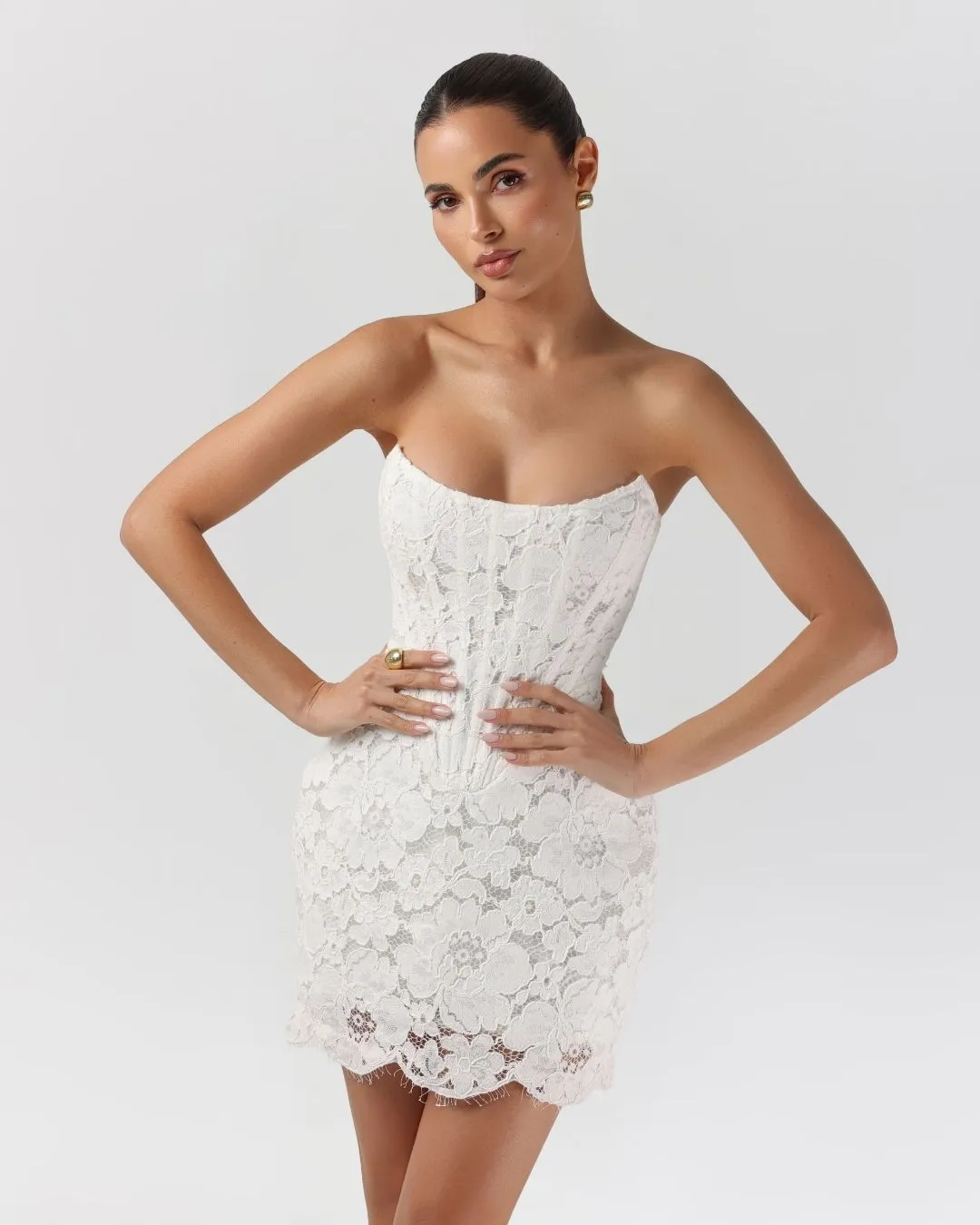 White strapless floral lace corset a-line mini dress sold by Heiress Beverly Hills product image thumbnail 2
