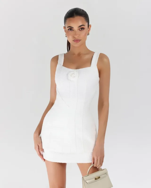 White boucle flower mini dress sold by Heiress Beverly Hills