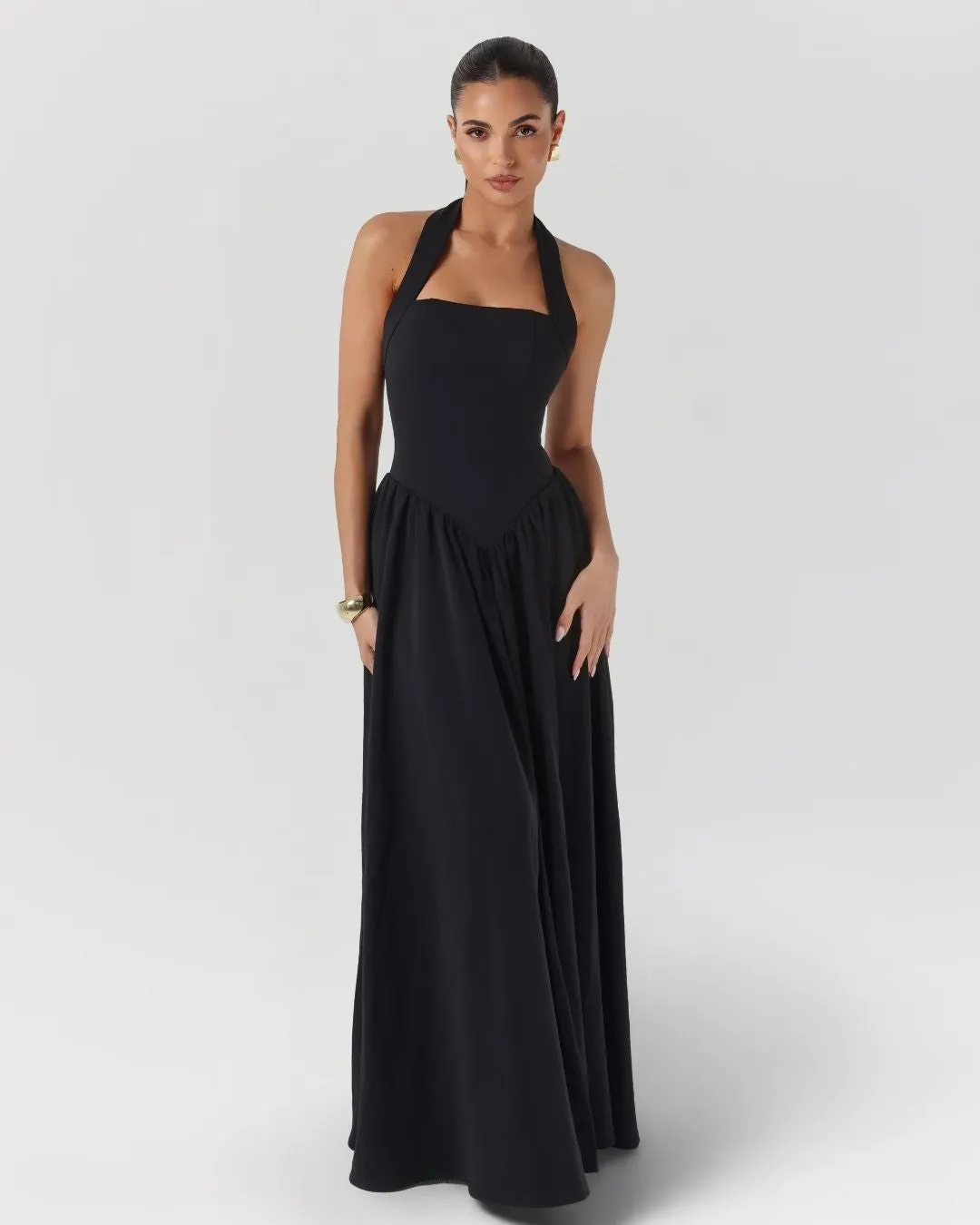Black halter contour flowy maxi dress sold by Heiress Beverly Hills product image thumbnail 5