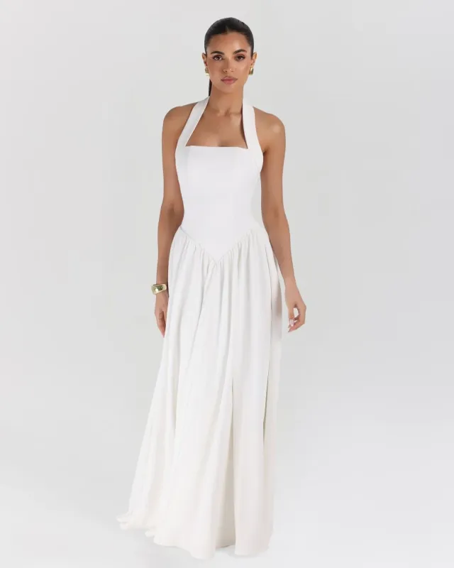 White halter contour flowy maxi dress sold by Heiress Beverly Hills