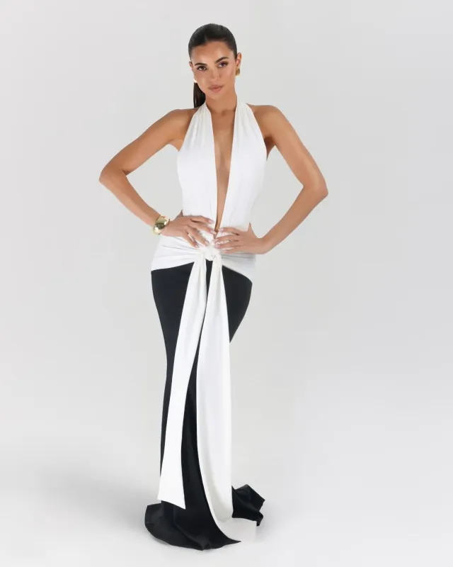 White and black sculpting jersey draped maxi dress sold by Heiress Beverly Hills