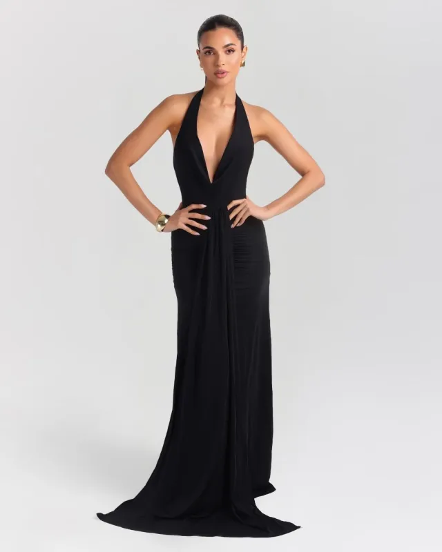 Black jersey cinched maxi dress sold by Heiress Beverly Hills