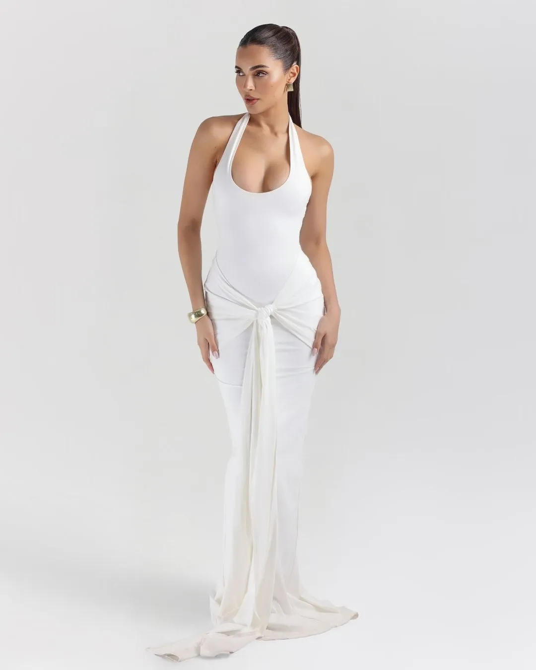 White sculpting jersey sarong maxi dress sold by Heiress Beverly Hills product image thumbnail 3