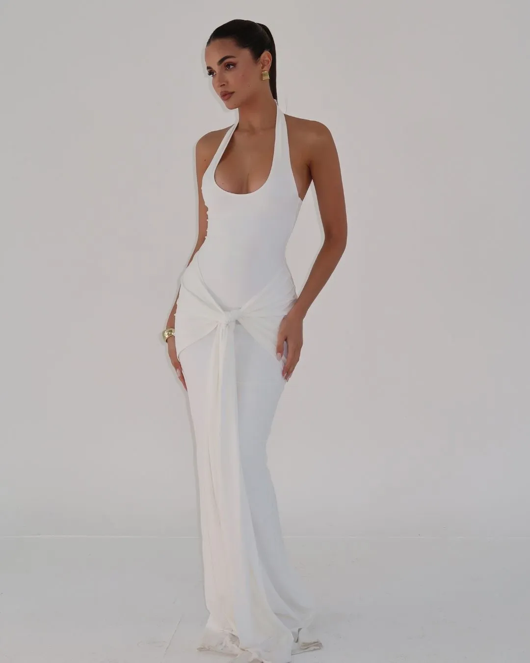 White sculpting jersey sarong maxi dress sold by Heiress Beverly Hills product image thumbnail 2