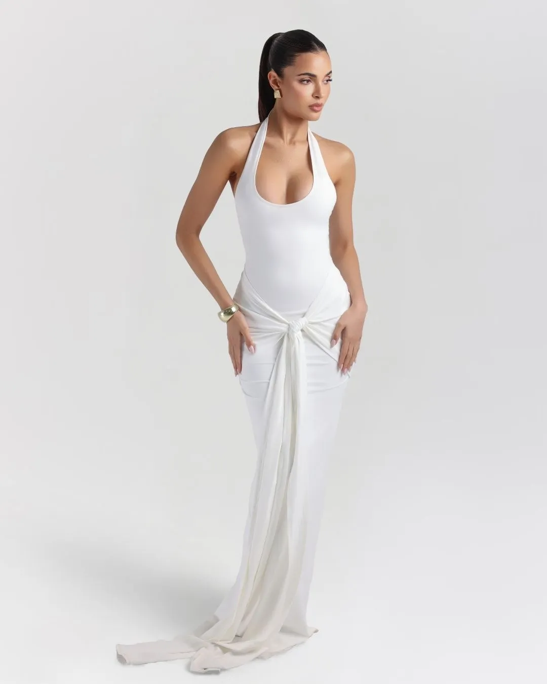 White sculpting jersey sarong maxi dress sold by Heiress Beverly Hills product image thumbnail 5