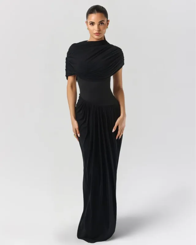 Black draped shoulder maxi dress sold by Heiress Beverly Hills