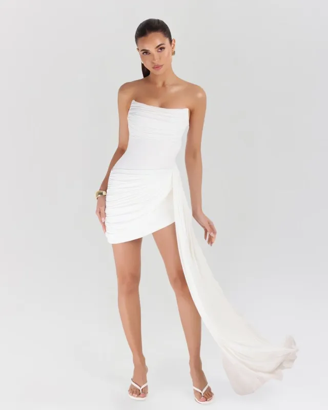 White strapless draped mini dress sold by Heiress Beverly Hills