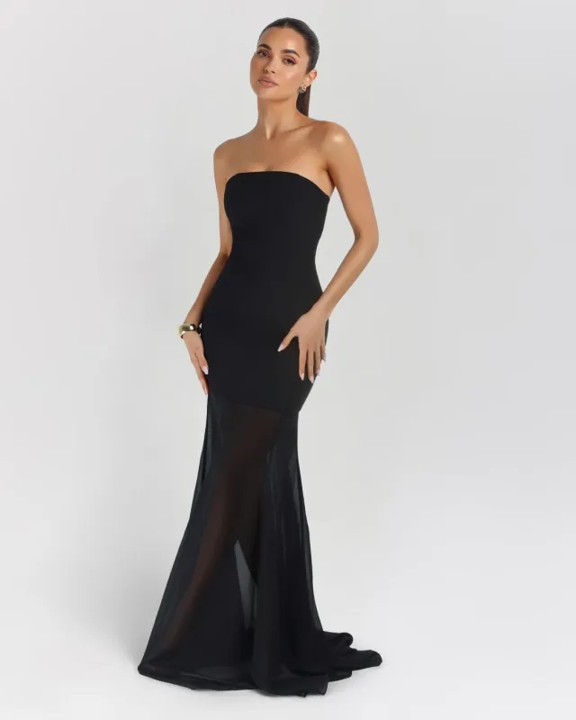 Black strapless crepe chiffon maxi dress sold by Heiress Beverly Hills