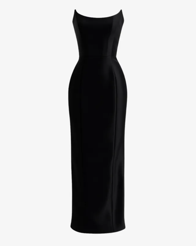 Black strapless sheen corset maxi dress sold by Heiress Beverly Hills