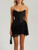Black lace mesh corset drape mini dress sold by Heiress Beverly Hills