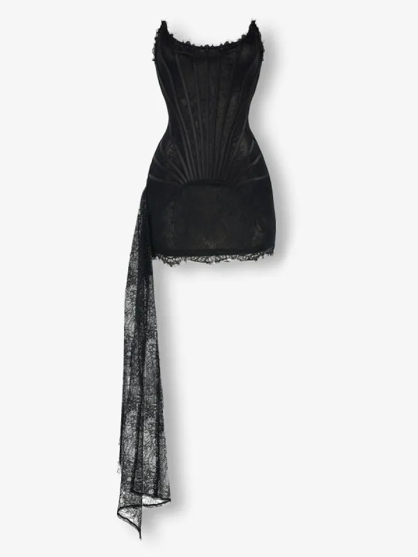 Black lace mesh corset drape mini dress sold by Heiress Beverly Hills