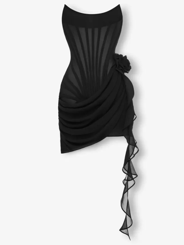 Black chiffon mesh corset flower drape mini dress sold by Heiress Beverly Hills