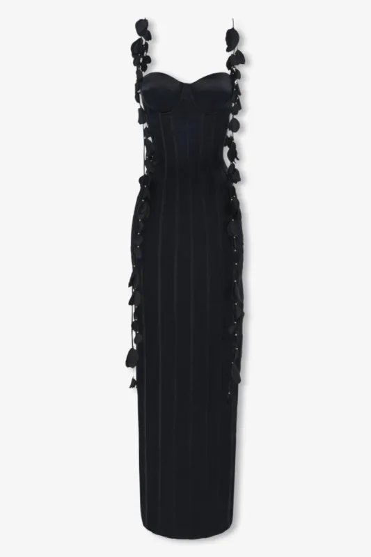 Black silk petal maxi dress sold by Heiress Beverly Hills