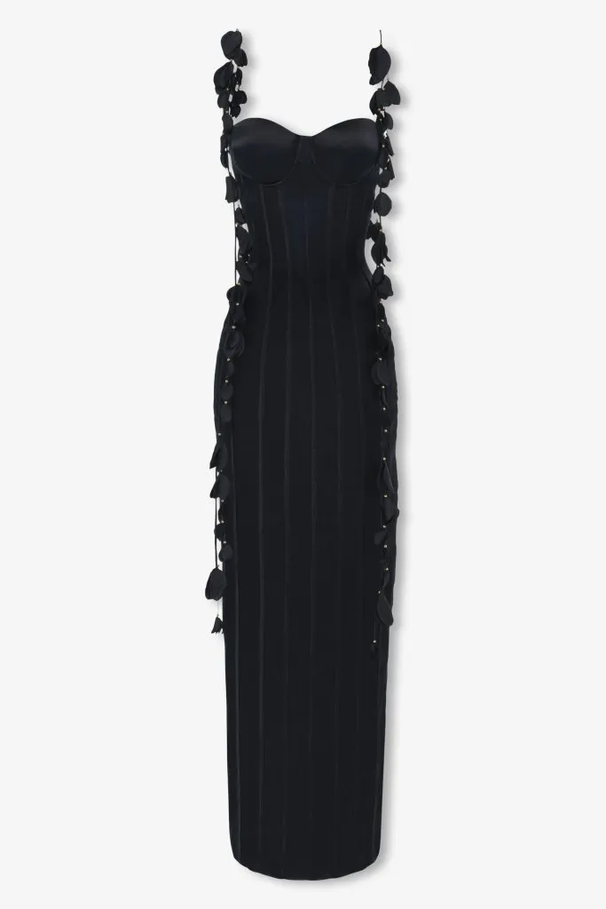 Black silk petal maxi dress sold by Heiress Beverly Hills