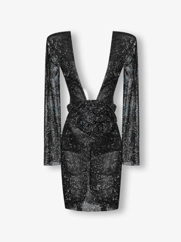 Black crystal metal mesh large flower embellished midi dress sold by Heiress Beverly Hills