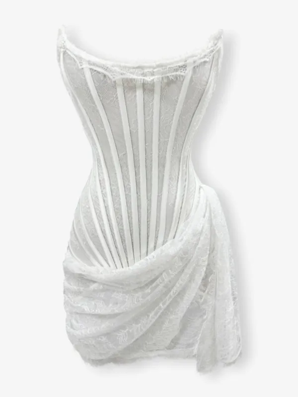 White lace mesh corset drape mini dress sold by Heiress Beverly Hills
