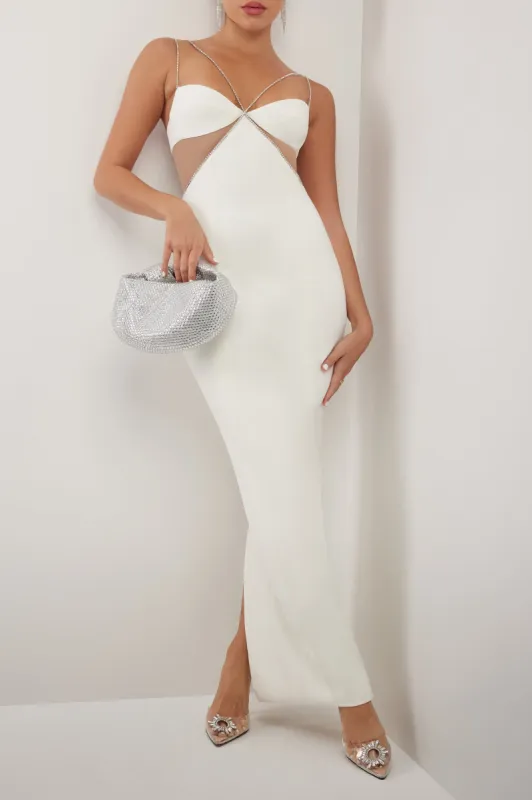 White diamante strap cutout maxi dress sold by Heiress Beverly Hills