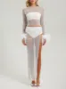 White crystal embellished mesh maxi skirt sold by Heiress Beverly Hills