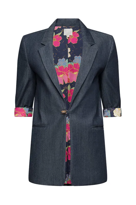 The Ginny Denim 3/4 Sleeve Blazer w/Floral Lining sold by La Peony Clothing
