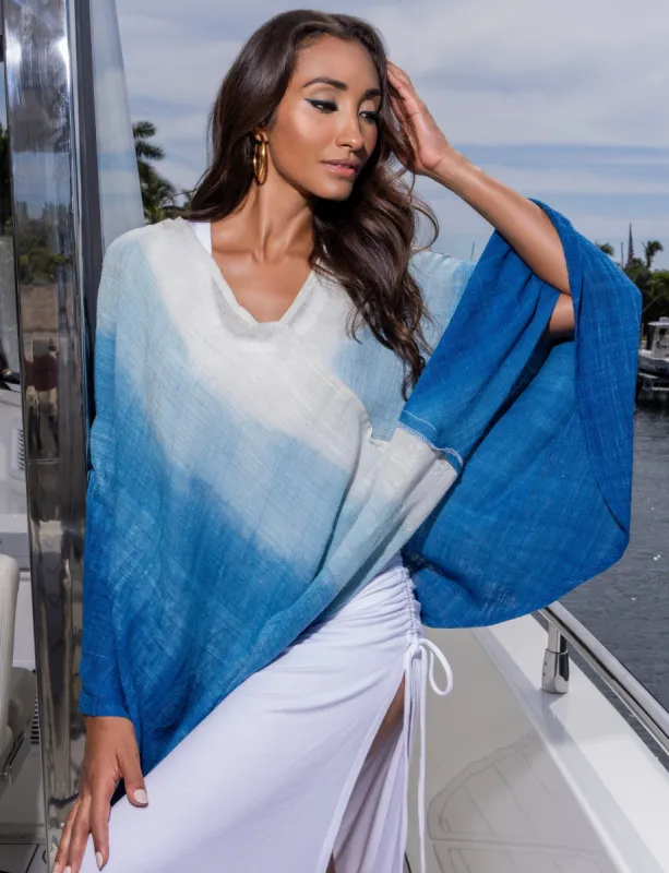 The Artisanal Silk Poncho in Blue Ombre sold by La Peony Clothing