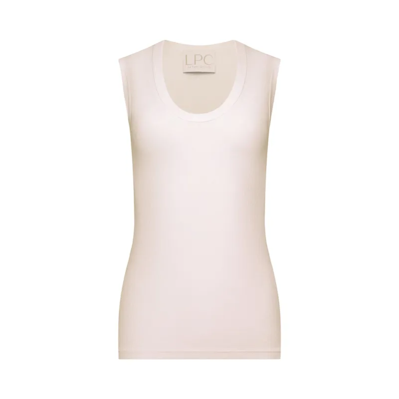 The Tina Rib Knit U-Scoop Tank Top in Sugar Swizzle (off-white) sold by La Peony Clothing