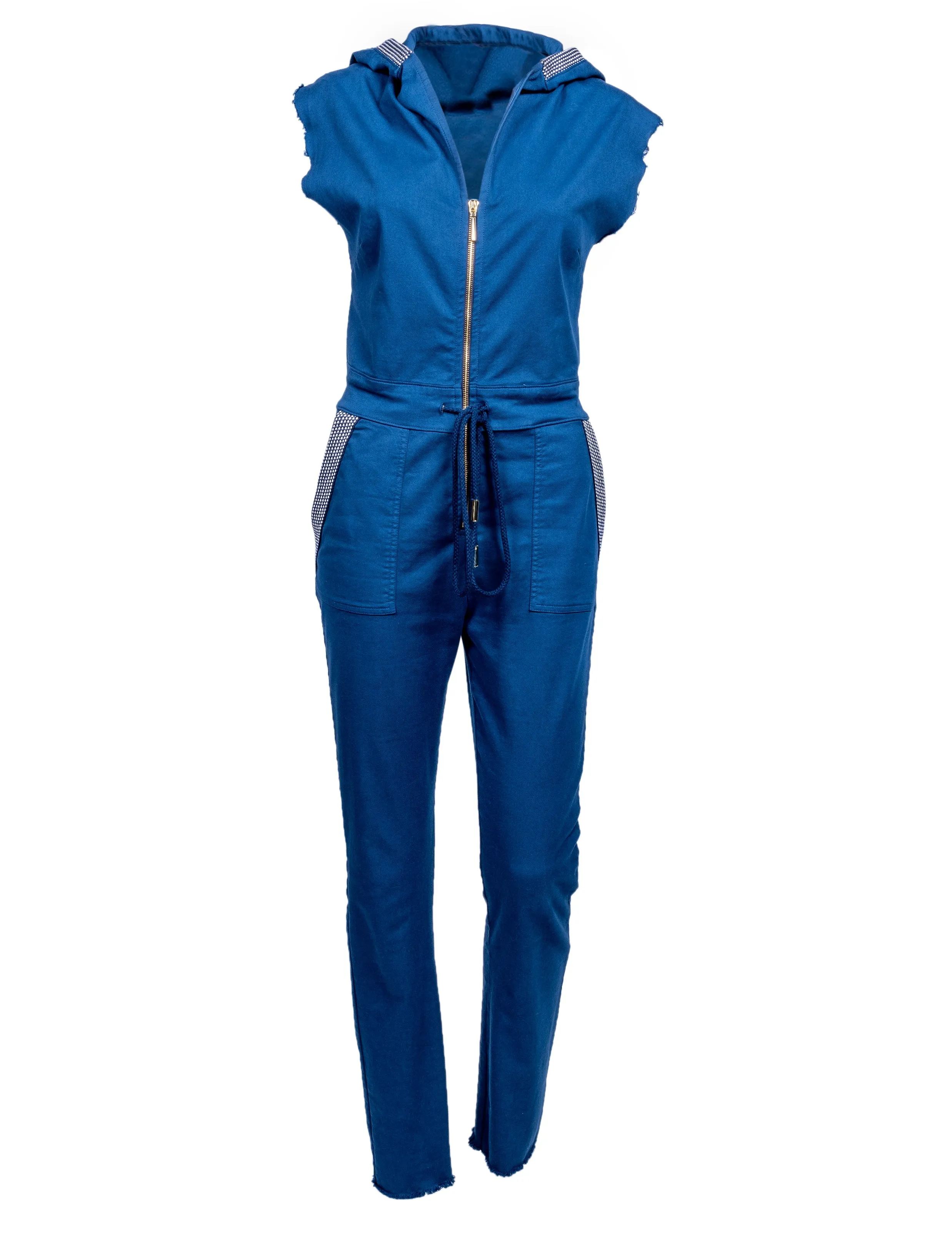 The Carly Hooded Denim Jumpsuit in Poseidon Blue sold by La Peony Clothing