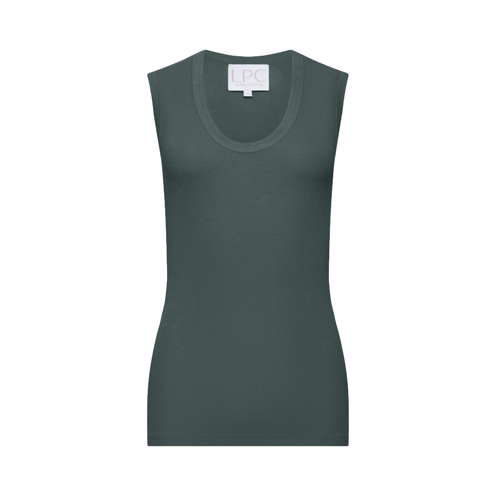 The Tina Rib Knit U-Scoop Tank Top in Balsam Green sold by La Peony Clothing