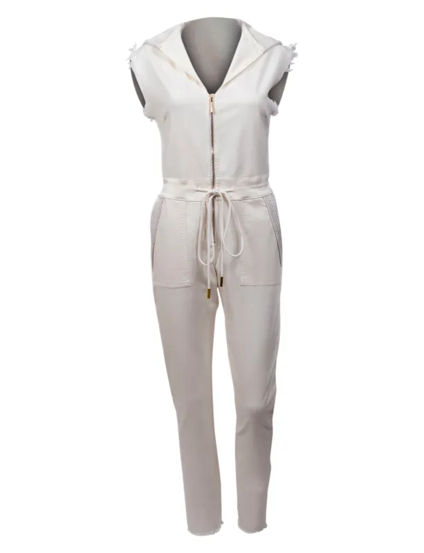 The Carly Hooded Denim Jumpsuit in White sold by La Peony Clothing
