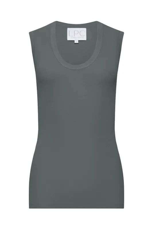 The Tina Rib Knit U-Scoop Tank Top in Olive Green sold by La Peony Clothing