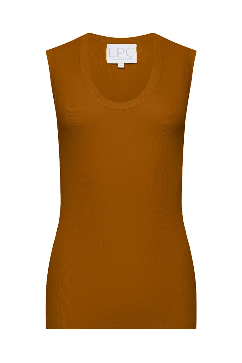 The Tina Rib Knit U-Scoop Tank Top in Honey Ginger sold by La Peony Clothing