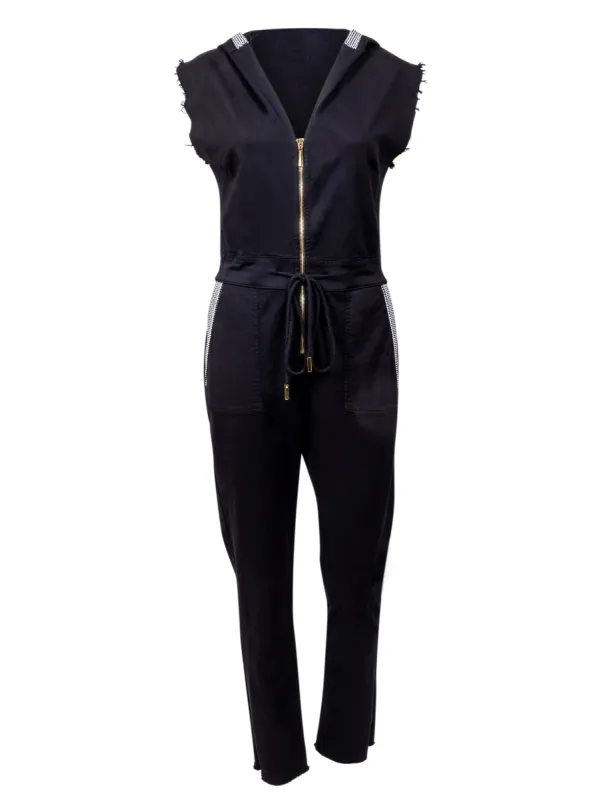 The Carly Hooded Denim Jumpsuit in Black sold by La Peony Clothing