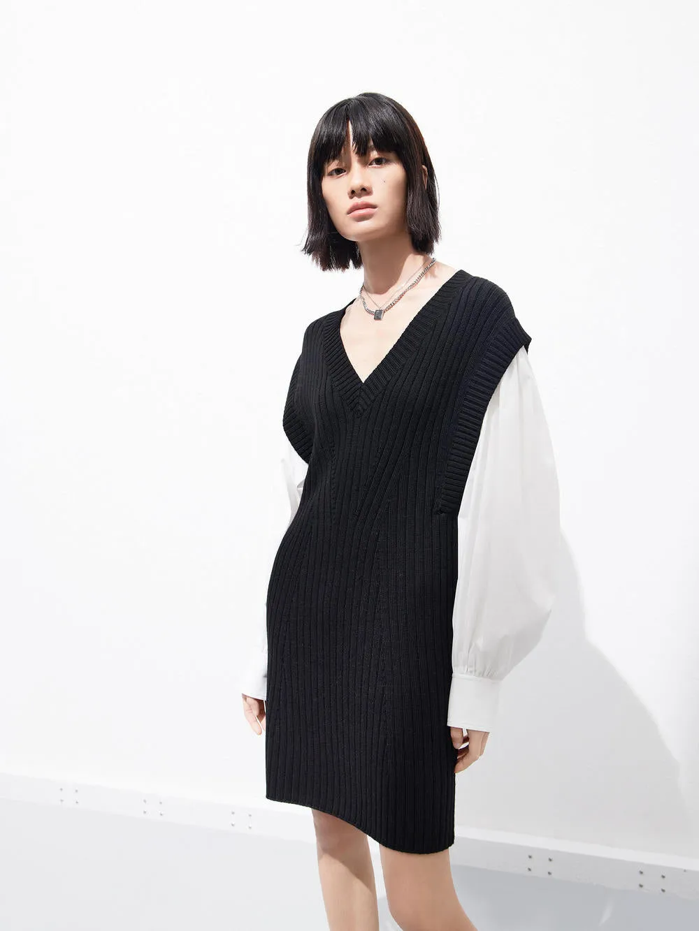 Paneled Wool Blend Dress sold by Mo&Co