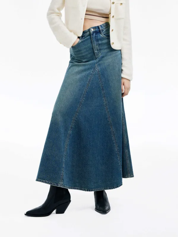 Paneled Denim Midi Skirt sold by Mo&Co