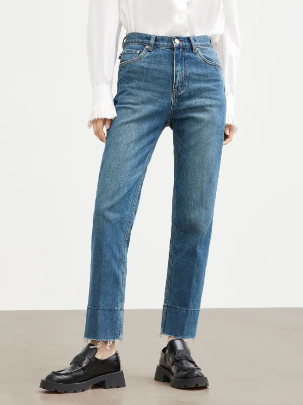 Frayed Straight Cotton Jeans sold by Mo&Co