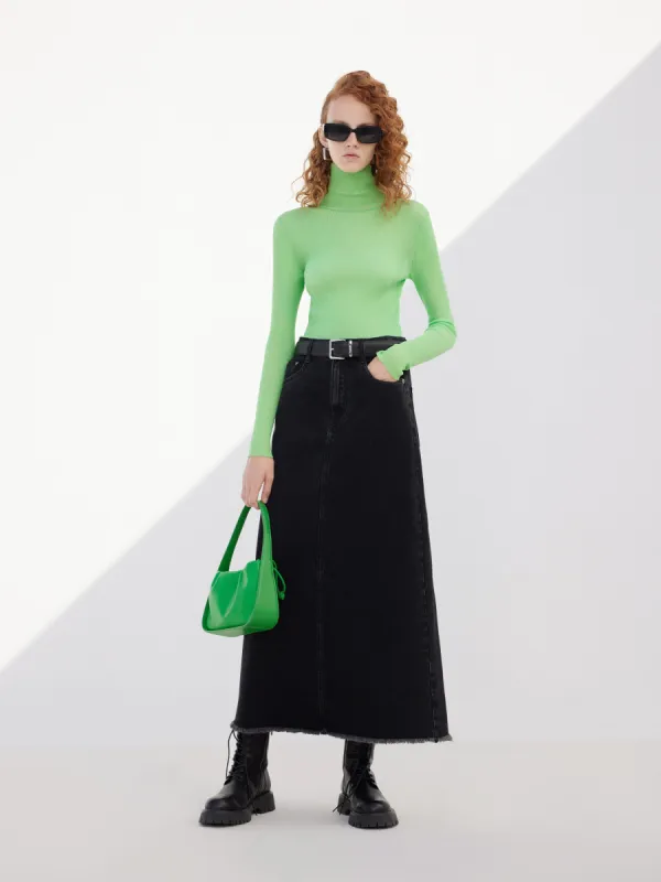 Maxi Frayed Denim Skirt sold by Mo&Co