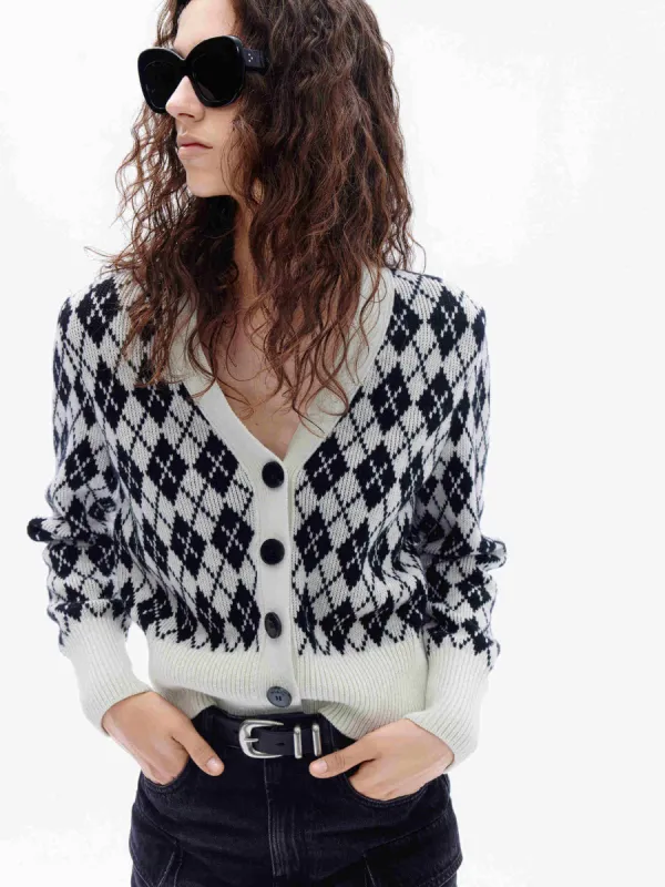Argyle Check Knit Cardigan sold by Mo&Co