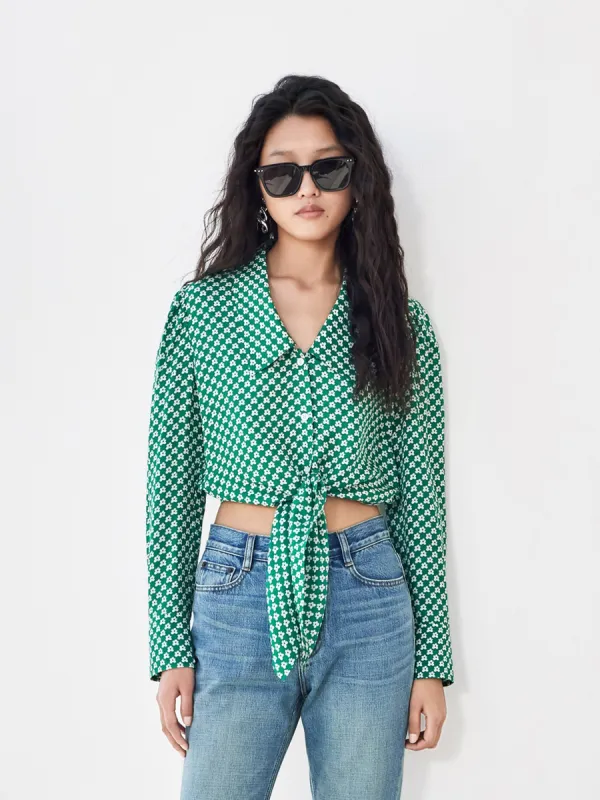 Silk Blend Monogram Print Crop Knot Top sold by Mo&Co