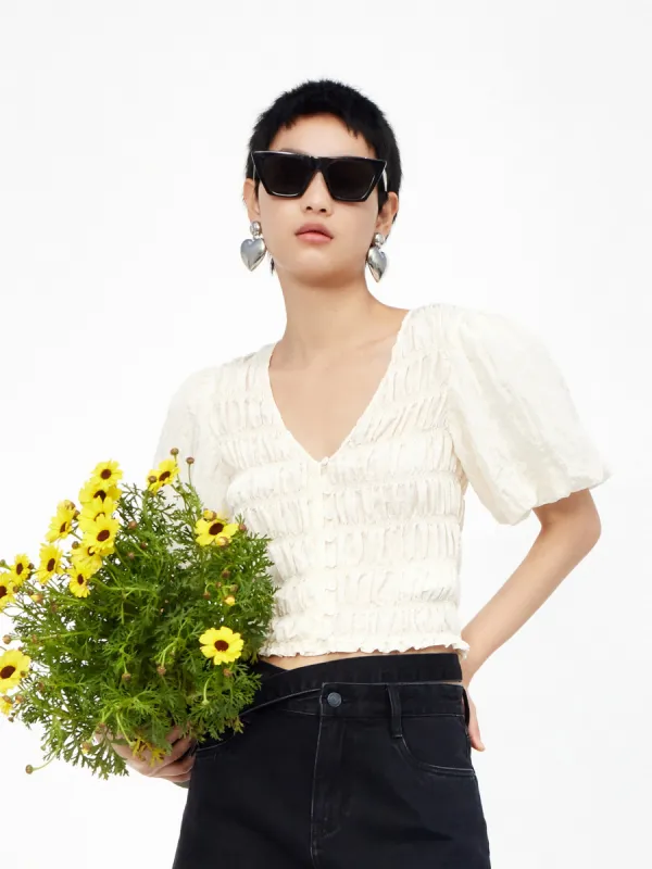 Pleated Puff Sleeve Top sold by Mo&Co