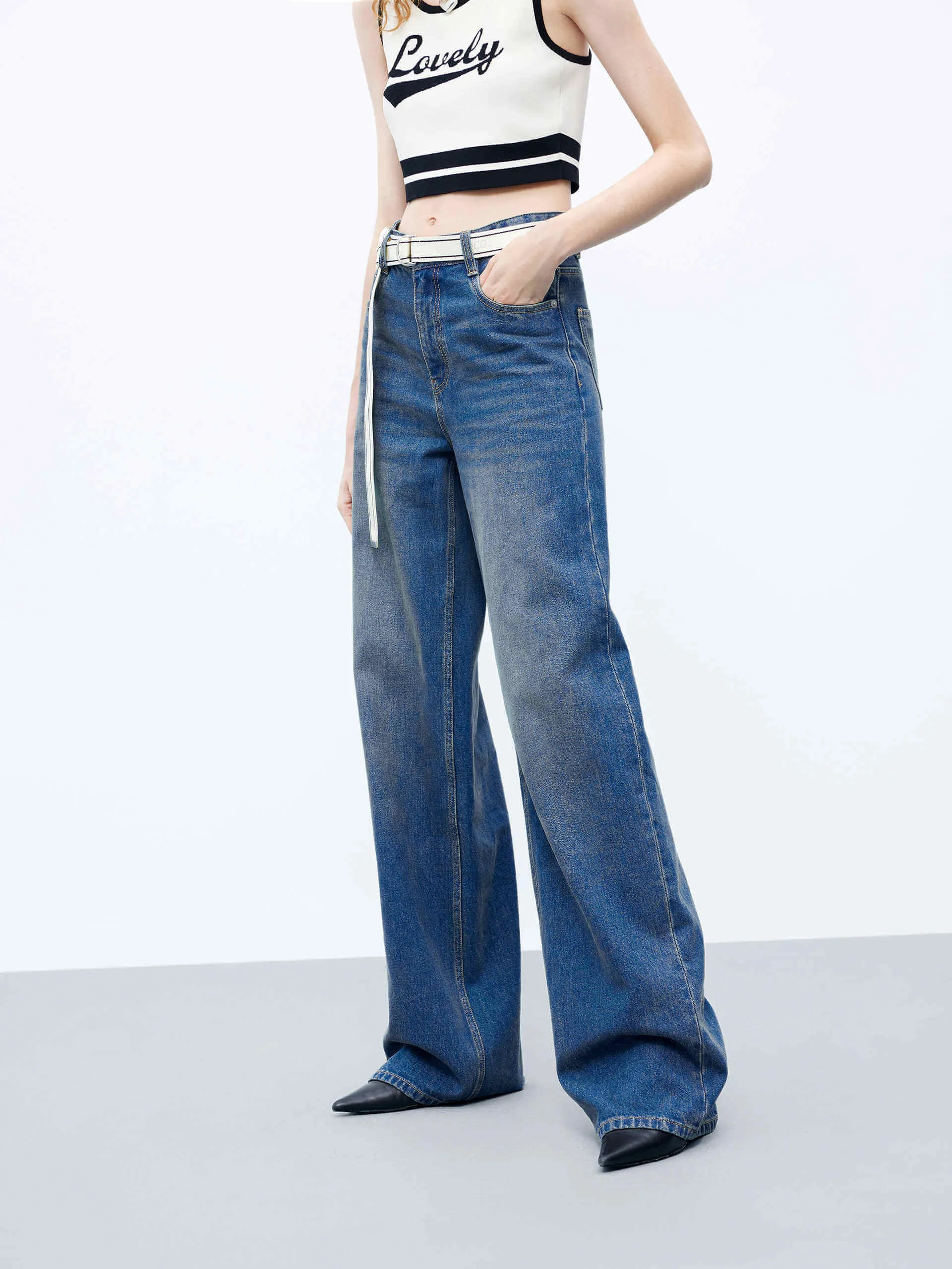 Mid Rise Wide Leg Jeans with Belt sold by Mo&Co