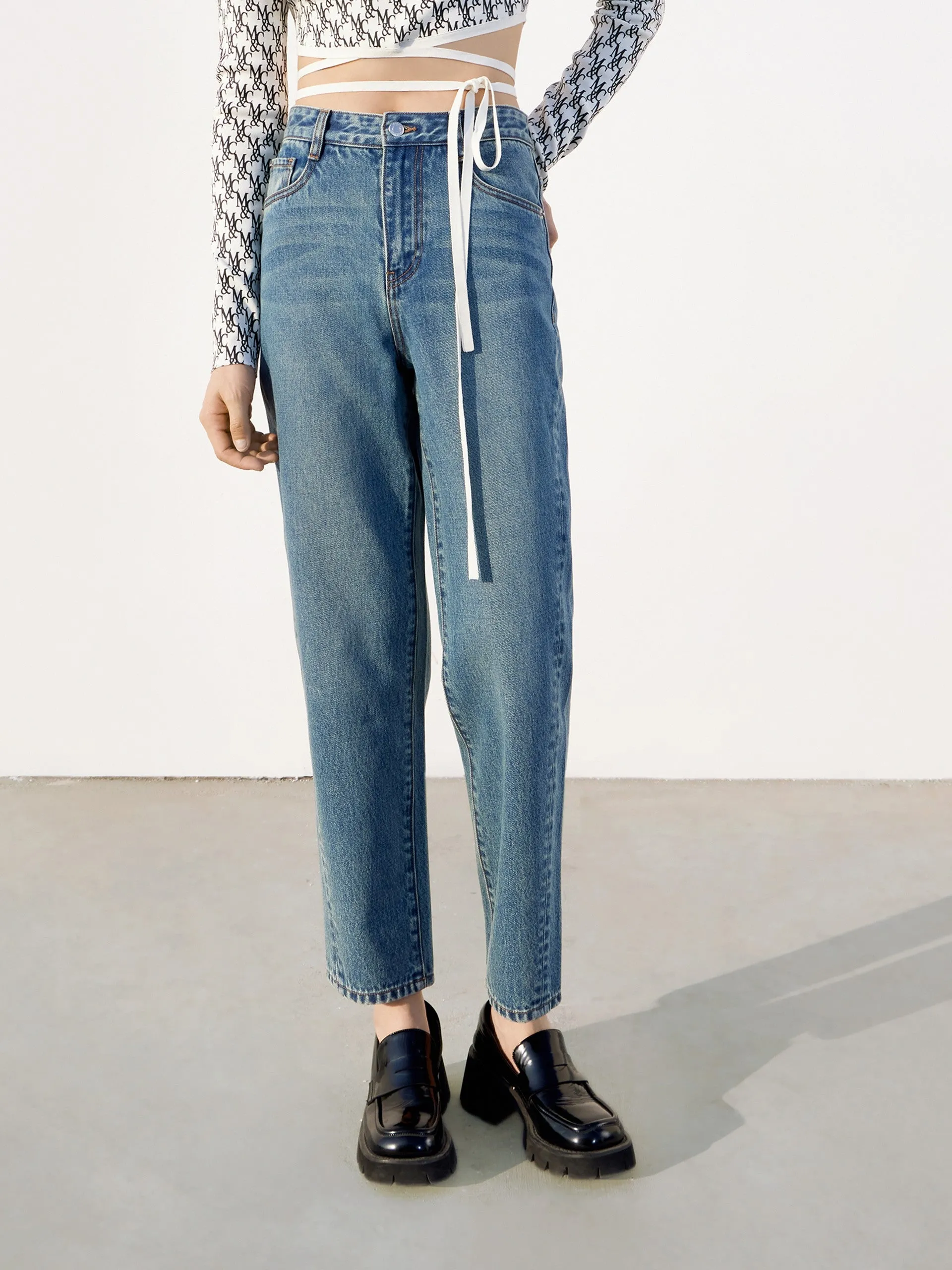 High Waist Tapered Denim Jeans sold by Mo&Co