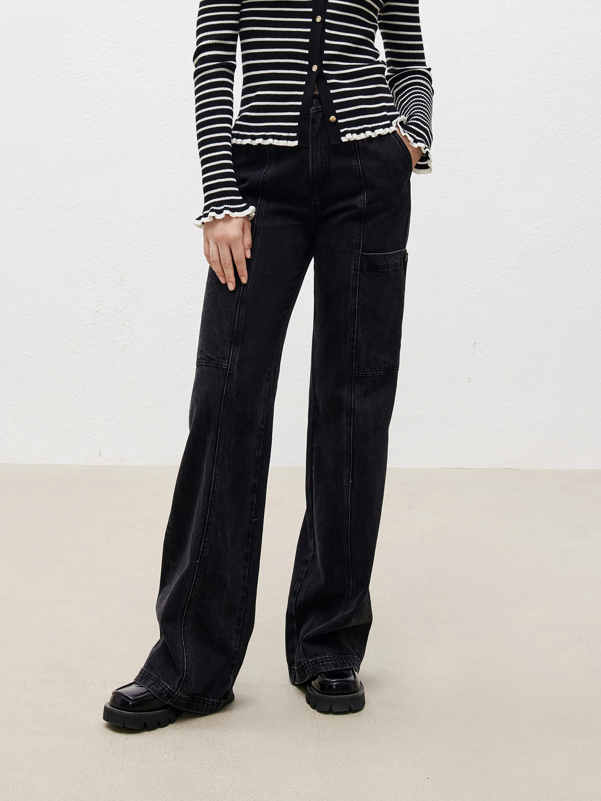 Cotton Wide Leg Cargo Jeans sold by Mo&Co