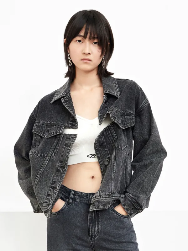Cropped Distressed Denim Jacket sold by Mo&Co