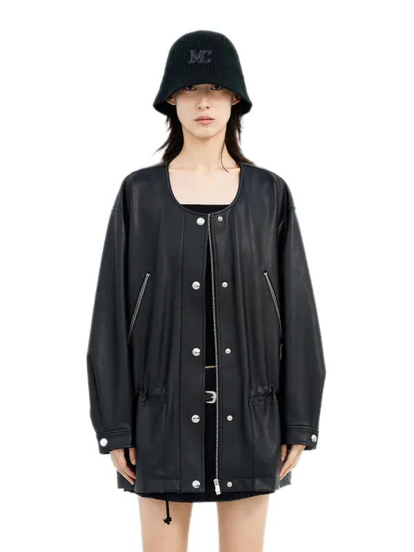 Faux Leather Collarless Jacket sold by Mo&Co