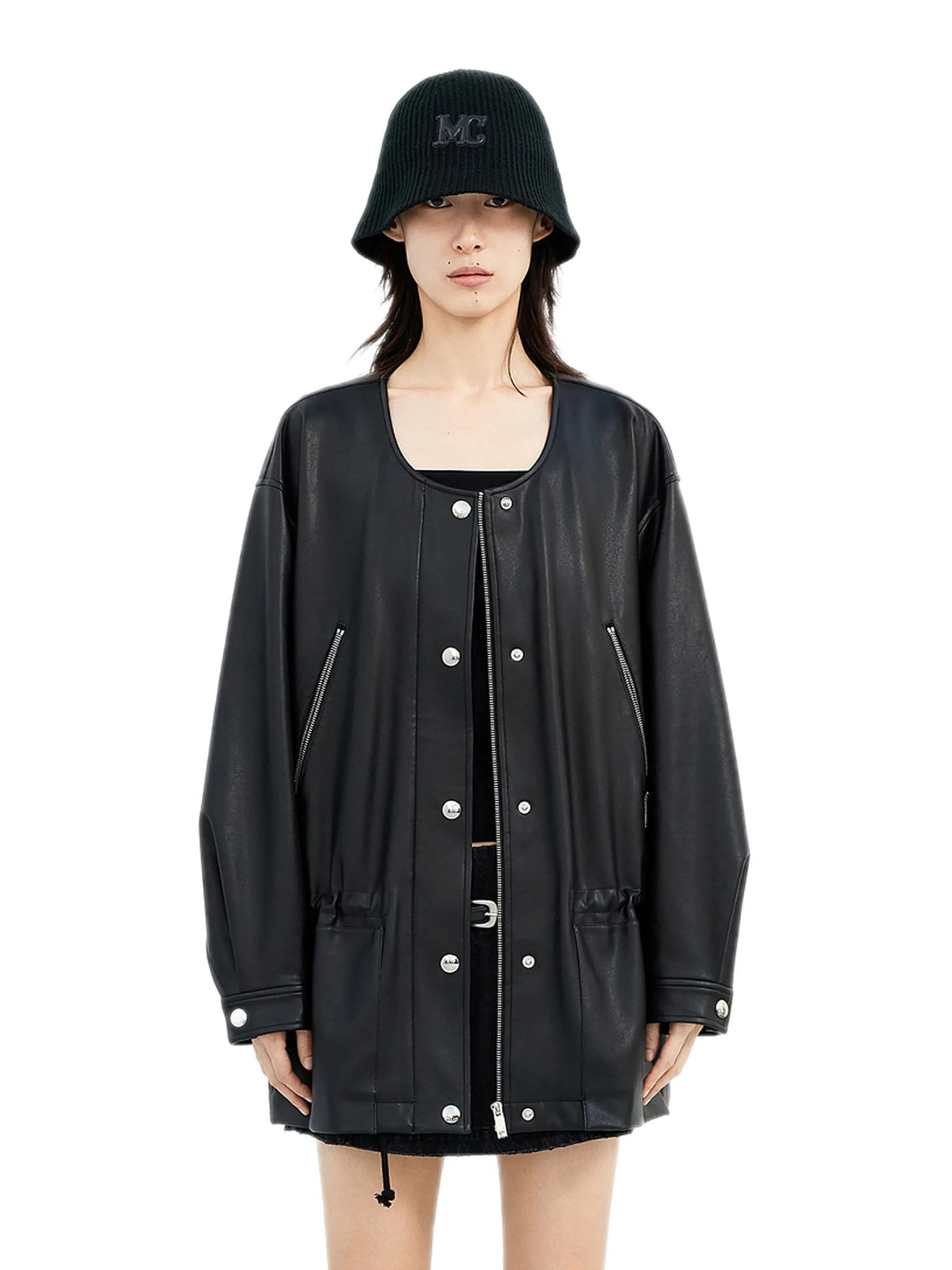 Faux Leather Collarless Jacket sold by Mo&Co