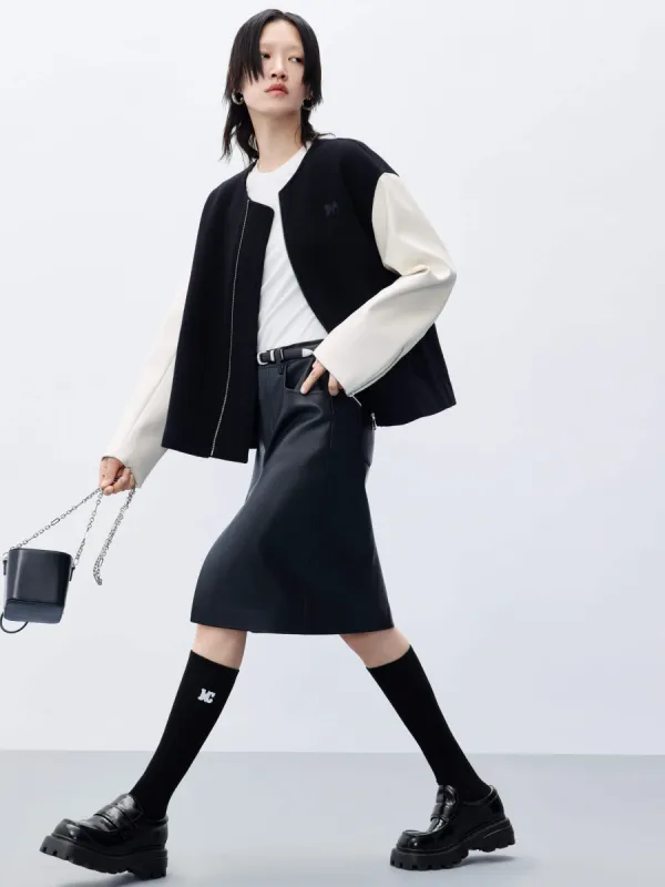 PU Sleeves Collarless Coat sold by Mo&Co