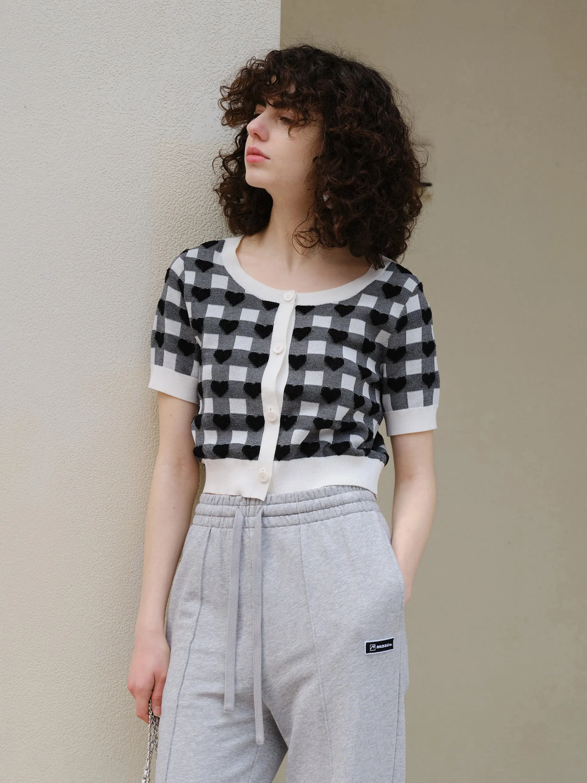 Checked Crew Neck Knit Cardigan sold by Mo&Co